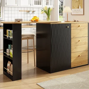 Draaibare barkast – uitschuifbare bartafel met 3 lades en 1 deur – open opbergruimte – zwart