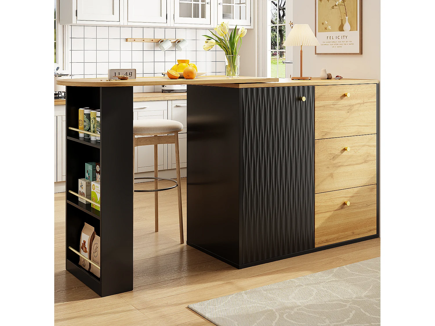 Draaibare barkast - uitschuifbare bartafel met 3 lades en 1 deur - open opbergruimte - zwart