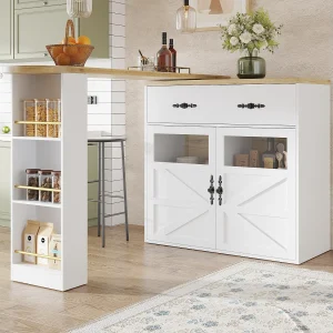 Draaibare barkast – Uitschuifbare bartafel met 1 lade en 2 glazen deuren – open opbergruimte – wit