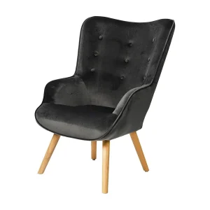 Donkergrijze fluwelen salonstoel met houten poten uit de ENJOY collectie. Scandinavische stijl