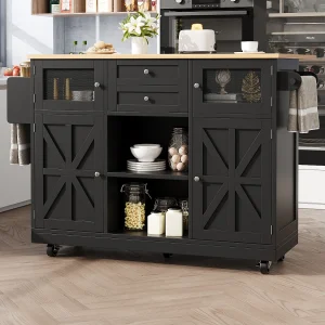 Centraal eiland op wielen – 140 x 40 x 93,5 cm – met werkblad + 2 deuren + 2 laden – MDF – zwart