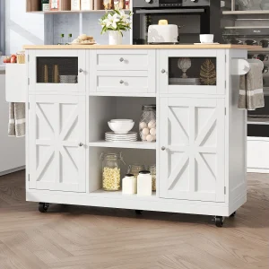 Centraal eiland op wielen – 140 x 40 x 93,5 cm – met werkblad + 2 deuren + 2 laden – MDF – wit