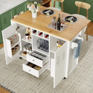Centraal eiland op wielen – 137,9 x 45/73 x 92 cm – opklapbaar bovenblad + 2 lades + wijnrek – MDF + metaal – wit