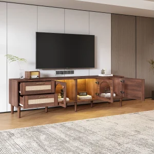 Bruine houten tv-kast met 2 rotan lades, 2 gebogen glazen deuren, 1 rotan deur, LED-verlichting, modern design (180x40x50cm)