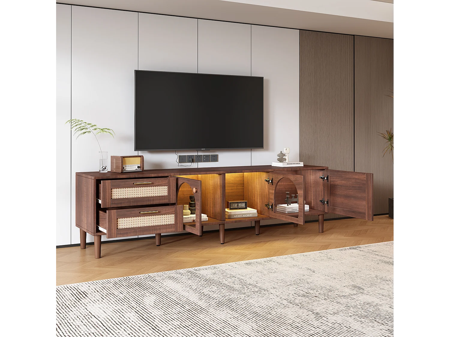 Bruine houten tv-kast met 2 rotan lades, 2 gebogen glazen deuren, 1 rotan deur, LED-verlichting, modern design (180x40x50cm)