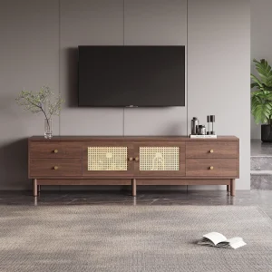 Donkerhouten tv-meubel met 2 rotandeuren, 4 lades en kabelmanagement, voor tv's tot 80 inch (180x35x44 cm)