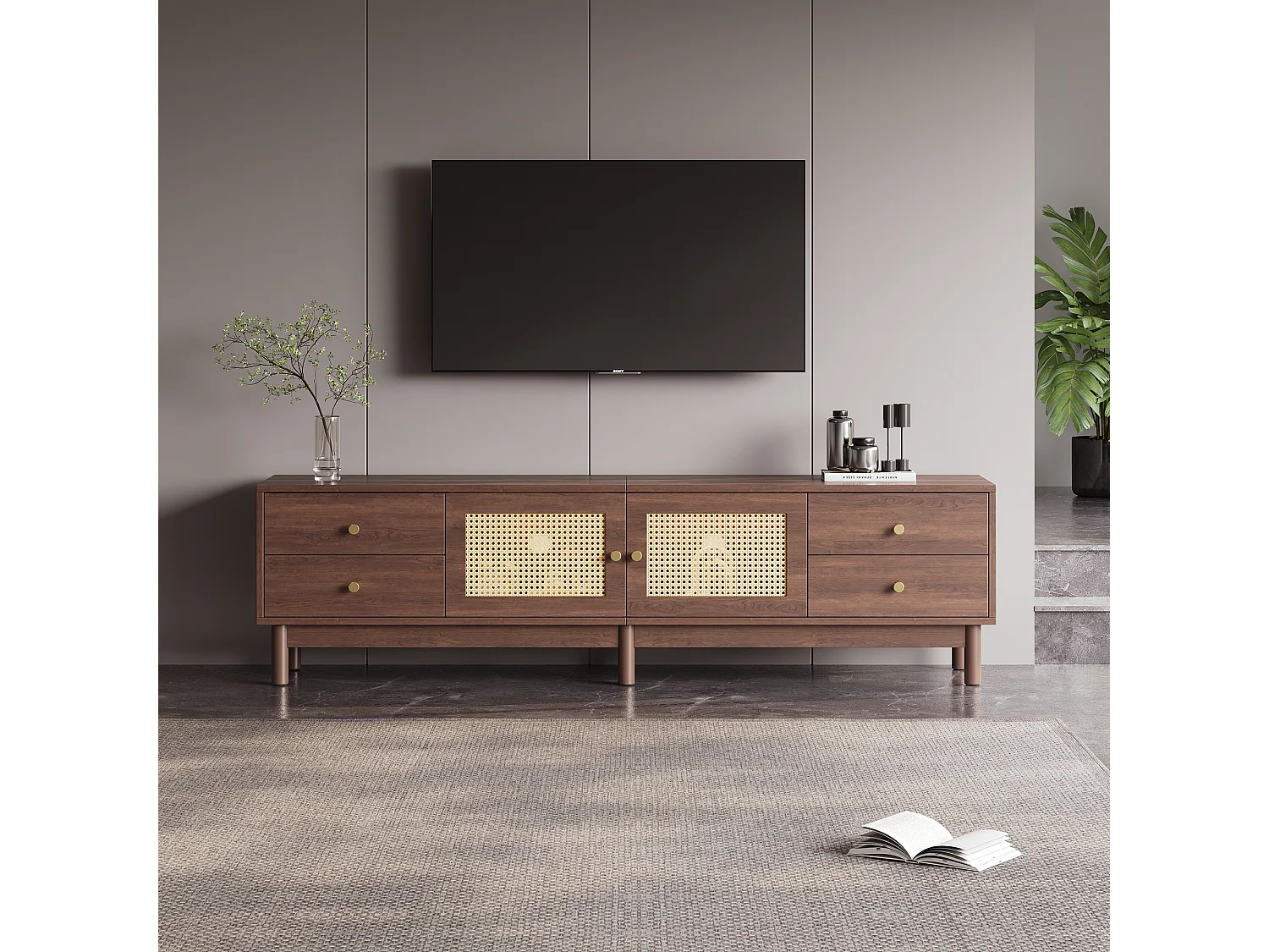 Donkerhouten tv-meubel met 2 rotandeuren, 4 lades en kabelmanagement, voor tv's tot 80 inch (180x35x44 cm)