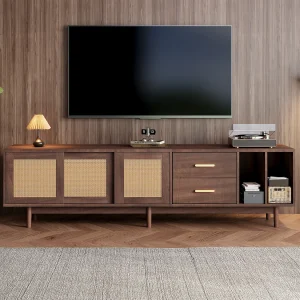 Bruine houten tv-kast met rotandeuren en lades, tv-standaard voor schermen tot 75 inch, uitvoering met 6 steunpoten, 190x37x52cm