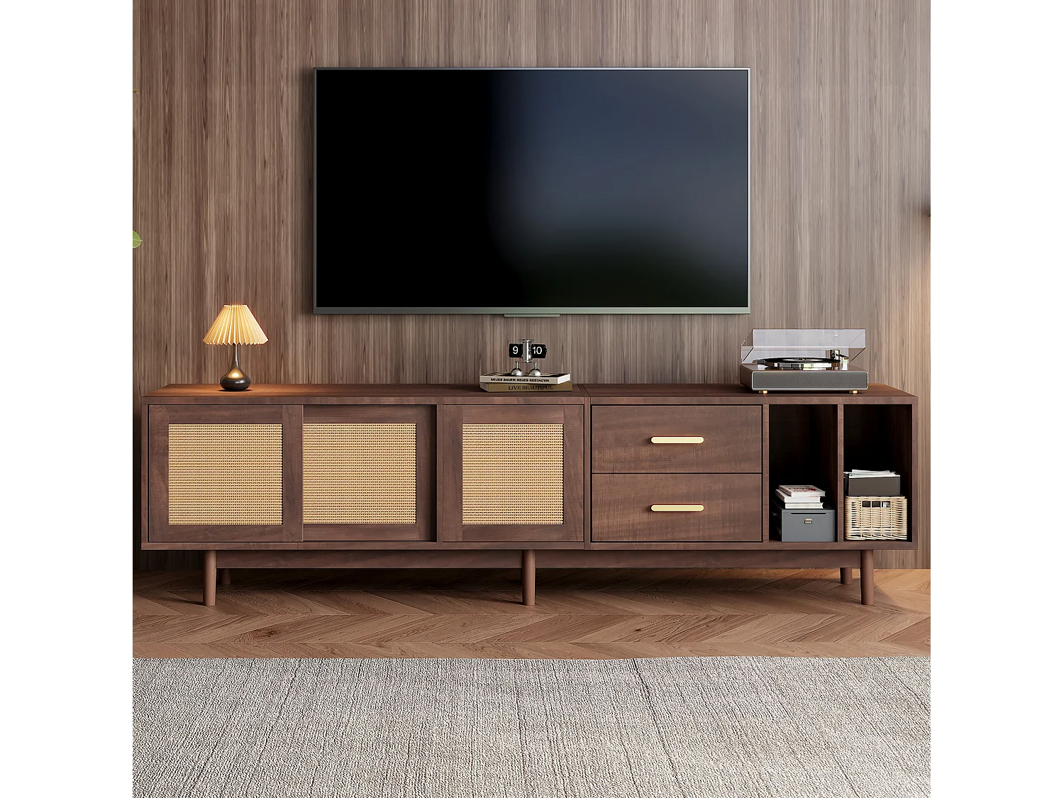 Bruine houten tv-kast met rotandeuren en lades, tv-standaard voor schermen tot 75 inch, uitvoering met 6 steunpoten, 190x37x52cm