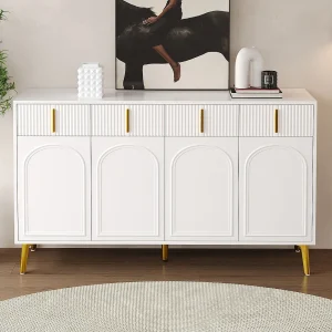 Buffetkast met 4 lades en 4 deuren, dressoirkast, met gouden handgrepen en poten, wit Buffetkast met 4 lades en 4 deuren, dressoirkast, met gouden handgrepen en poten, wit