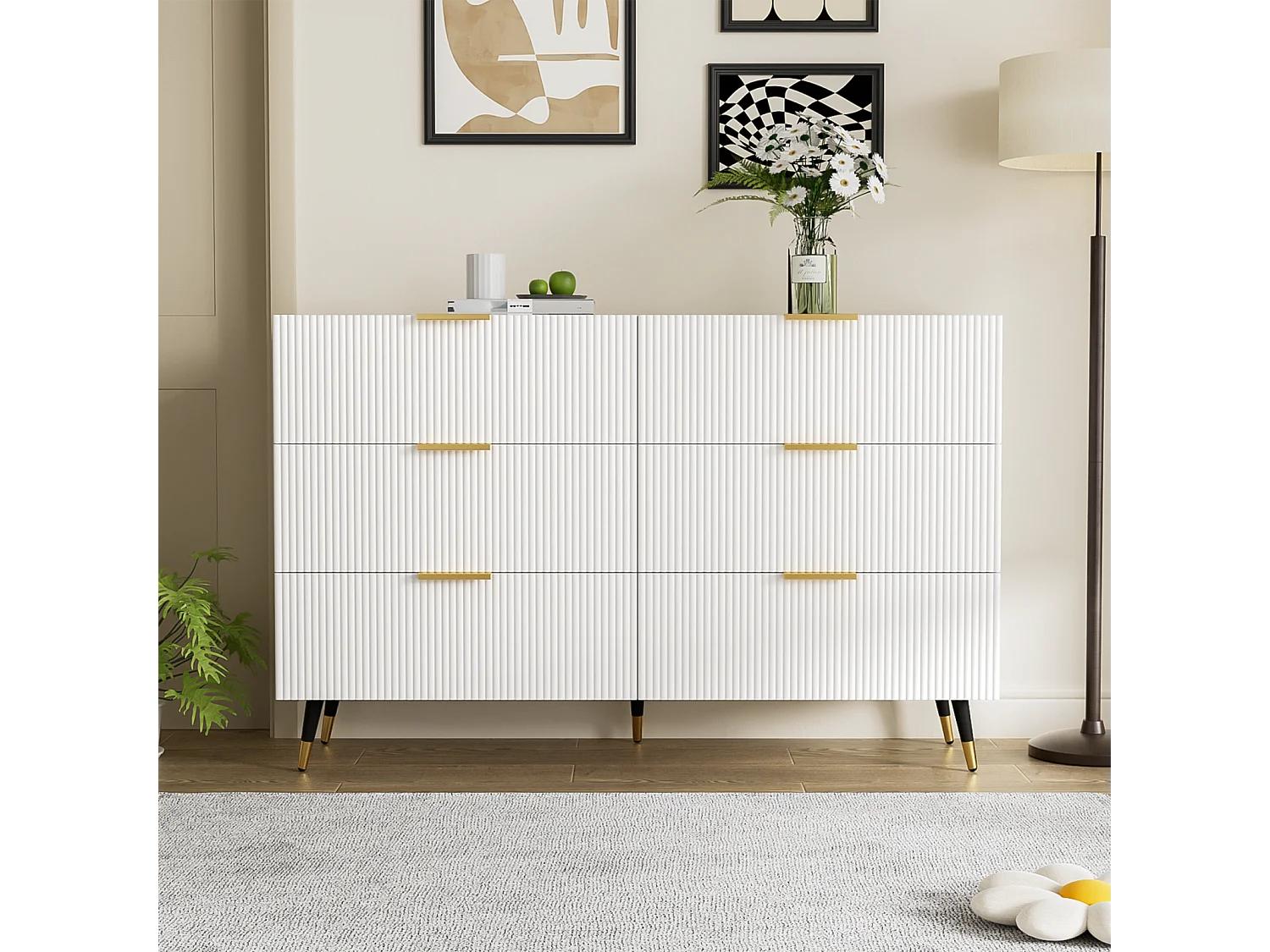 Commode met 6 laden, wit opbergmeubel met gouden poten en handgrepen