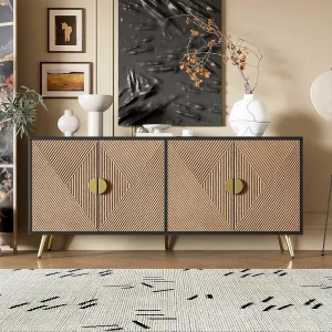 Buffetkast met reliëfstructuur, 160 cm, kast met vier deuren en geborstelde gouden handgrepen, zwart