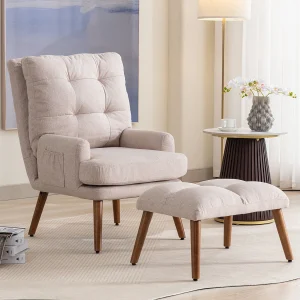 Chaise longue met voetenbank – 60 x 67 x 96,5 cm – verstelbare rugleuning – verstelbaar – massief hout – beige