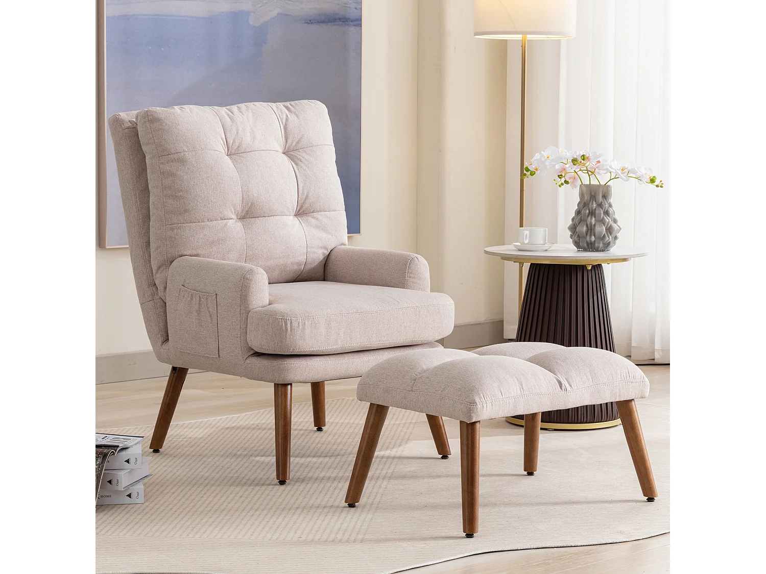 Chaise longue met voetenbank - 60 x 67 x 96,5 cm - verstelbare rugleuning - verstelbaar - massief hout - beige