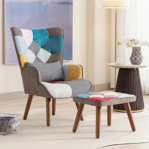 Chaise longue met voetenbank – 69 x 51 x 95,5 cm – met rugleuning en kussen – Multicolor
