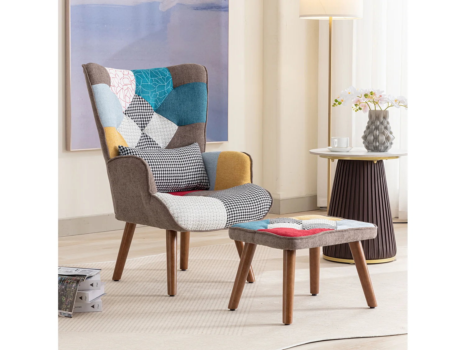 Chaise longue met voetenbank - 69 x 51 x 95,5 cm - met rugleuning en kussen - Multicolor