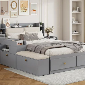 Dubbelbed van massief hout 140×200 cm – met opbergruimte – met 2 lades – met nachtkastje – met krukje – Grijs (zonder matras) Dubbelbed van massief hout 140×200 cm – met opbergruimte – met 2 lades – met nachtkastje – met krukje – Grijs (zonder matras)
