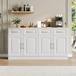 Buffetkast met 4 laden en 4 deuren, opbergruimte, modern design, MDF-hout, wit en eiken (140x40x75 cm) Buffetkast met 4 laden en 4 deuren, opbergruimte, modern design, MDF-hout, wit en eiken (140x40x75 cm)