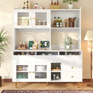Changhong Modern Design MDF Wit Glazen Deur Restaurantkast met Wijnrek en Meerdere Lagen Opbergruimte (145x39x171 cm)