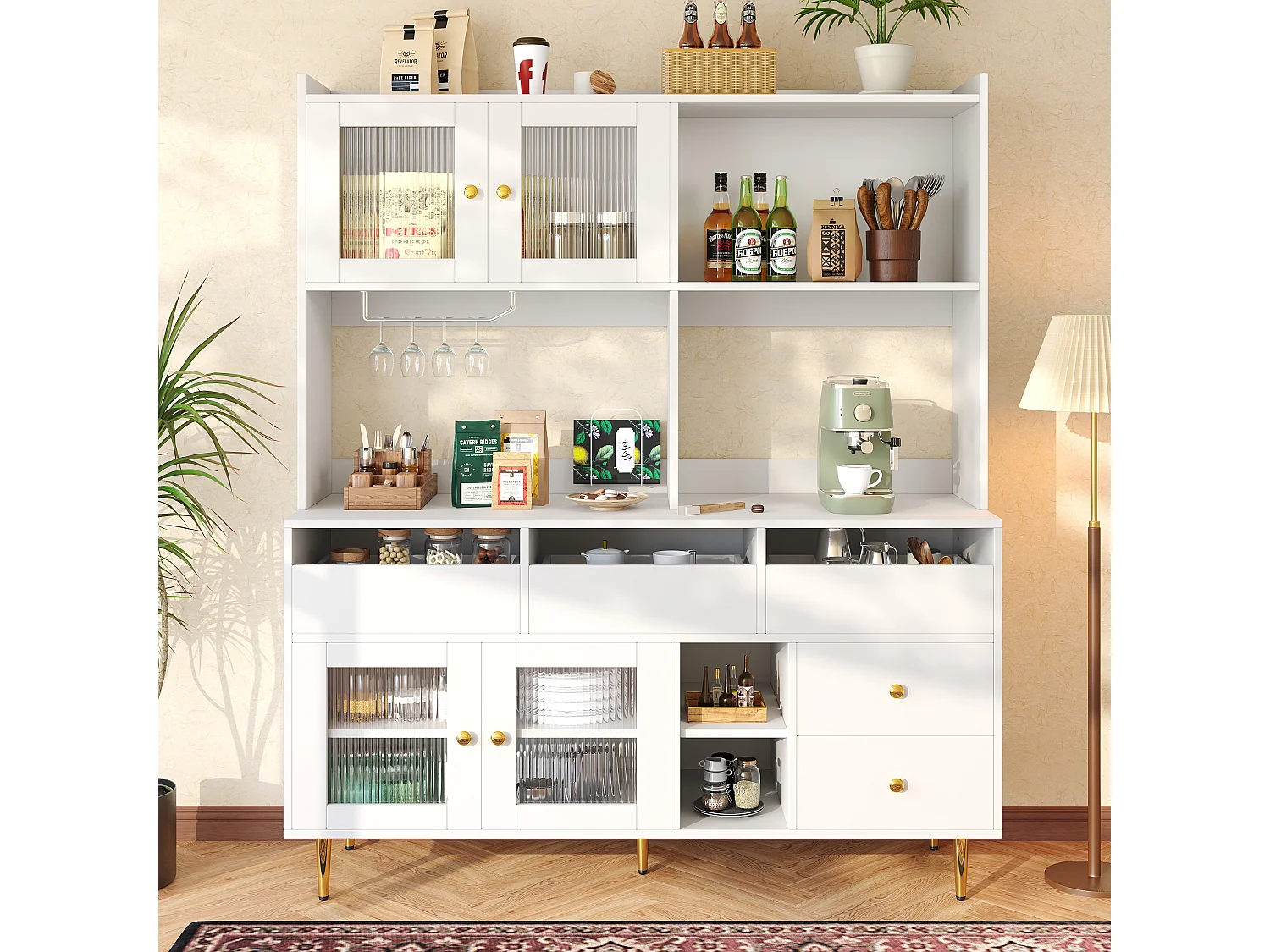 Changhong Modern Design MDF Wit Glazen Deur Restaurantkast met Wijnrek en Meerdere Lagen Opbergruimte (145x39x171 cm)