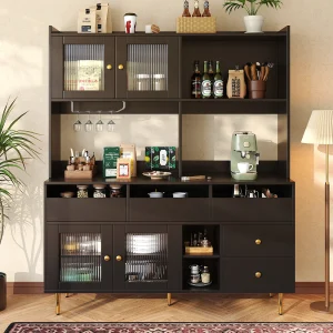 Changhong Modern Design Glazen Deur Opbergkast MDF Wit & Goud met Wijnrek en Meerdere Opbergniveaus (145x39x171 cm)