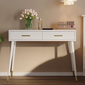 Bureau, kaptafel met 2 lades, metalen poten, MDF, wit (100x40x76 cm)