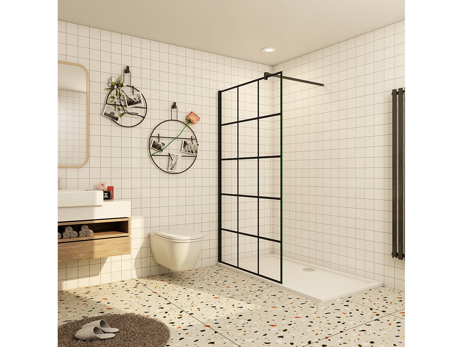 Douchewand-Inloopdouche 80x200cm met mat Zwart kader en raster 8mm NANO EasyClean veiligheidsglas mat zwart profiel F-Form 90cm Stabilisatiestang