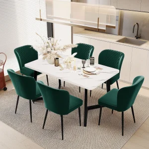 Design eetkamerstoel, 4 donkergroene fluwelen stoelen met metalen rugleuning en poten (47x43x86 cm)