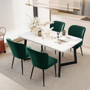Design eetkamerstoel, 4 groene fluwelen stoelen met rugleuning, fluwelen zitting, metalen poten (47x43x86 cm)
