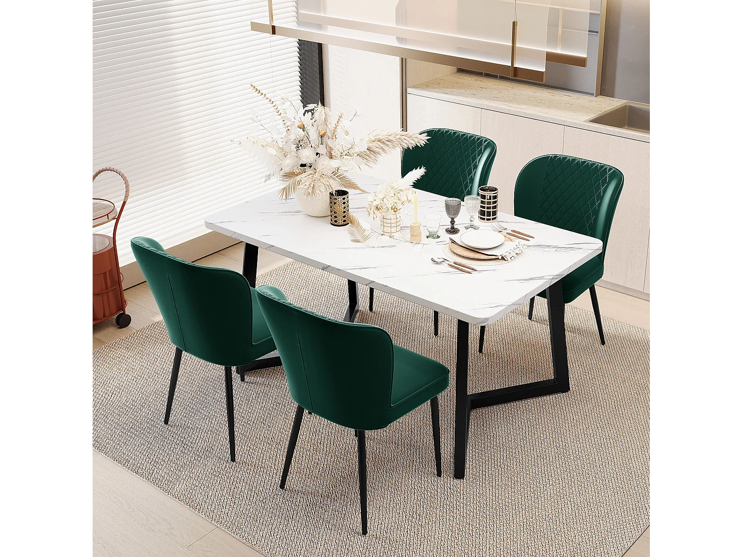 Design eetkamerstoel, 4 groene fluwelen stoelen met rugleuning, fluwelen zitting, metalen poten (47x43x86 cm)