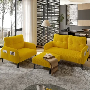 Cord 3-delige set: fauteuil + poef + 2-zitsbank, metalen frame, mosterdgele corduroy stof, (112x75x79 cm)