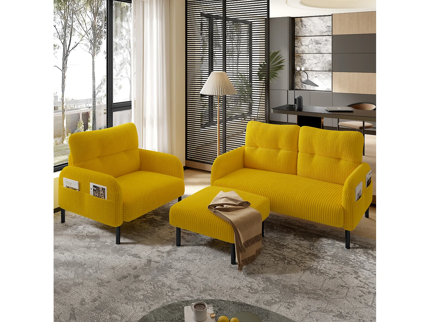 Cord 3-delige set: fauteuil + poef + 2-zitsbank, metalen frame, mosterdgele corduroy stof, (112x75x79 cm)