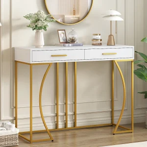 Consoletafel met 2 lades, elegant design in metaal en MDF, wit en goud (120x38x76 cm)