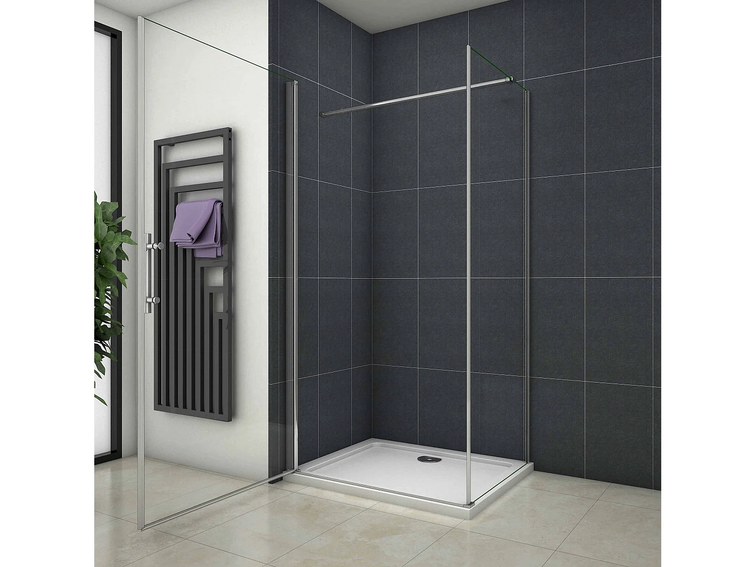 Douchecabine 100x100x185 cm,draaideur+zijwand , 6mm NANO EasyClean veiligheidsglas,chroom,140cm Stabilisatiestang