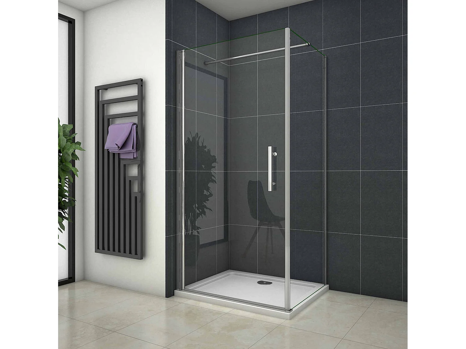 Douchecabine 76x80x195 cm,draaideur+zijwand , 6mm NANO EasyClean veiligheidsglas,chroom,90cm Stabilisatiestang