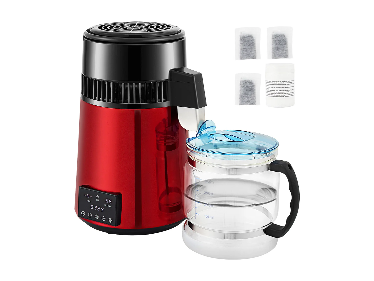 Destilleerwatermachine SucceBuy, 4L 1 L/U met Timer en Dubbele Temperatuuranzeige, Rood