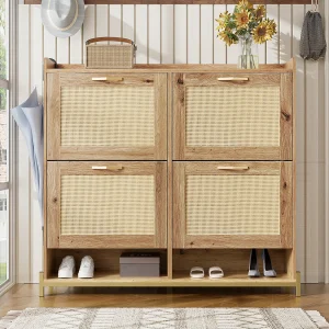 Compacte schoenenkast met 4 deuren van hout en rotan – met plank – metalen frame – voor hal, gang of kleine ruimte Compacte schoenenkast met 4 deuren van hout en rotan – met plank – metalen frame – voor hal, gang of kleine ruimte