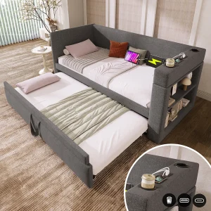 Daybed 90×190 cm, grijs linnen, onderschuifbed met USB-oplaadfunctie, bekerhouder en opbergplank, zonder matras Daybed 90×190 cm, grijs linnen, onderschuifbed met USB-oplaadfunctie, bekerhouder en opbergplank, zonder matras