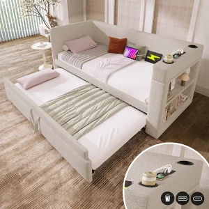Daybed 90×190 cm, beige linnen, onderschuifbed met USB-oplaadfunctie, bekerhouder en opbergplank, zonder matras Daybed 90×190 cm, beige linnen, onderschuifbed met USB-oplaadfunctie, bekerhouder en opbergplank, zonder matras