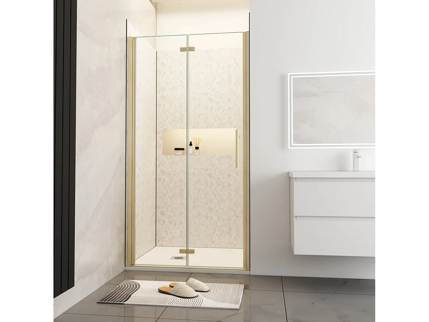 Douchedeur vouwdeur 90x195cm niche,6mm Helder Veiligheidsglas Easyclean,goud aluminium profiel