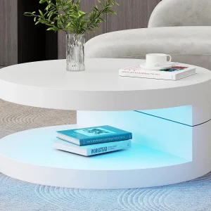 Draaibare cilindrische salontafel 70×70×35,5 cm – 360° draaibaar blad – met LED-verlichting – wit Draaibare cilindrische salontafel 70×70×35,5 cm – 360° draaibaar blad – met LED-verlichting – wit