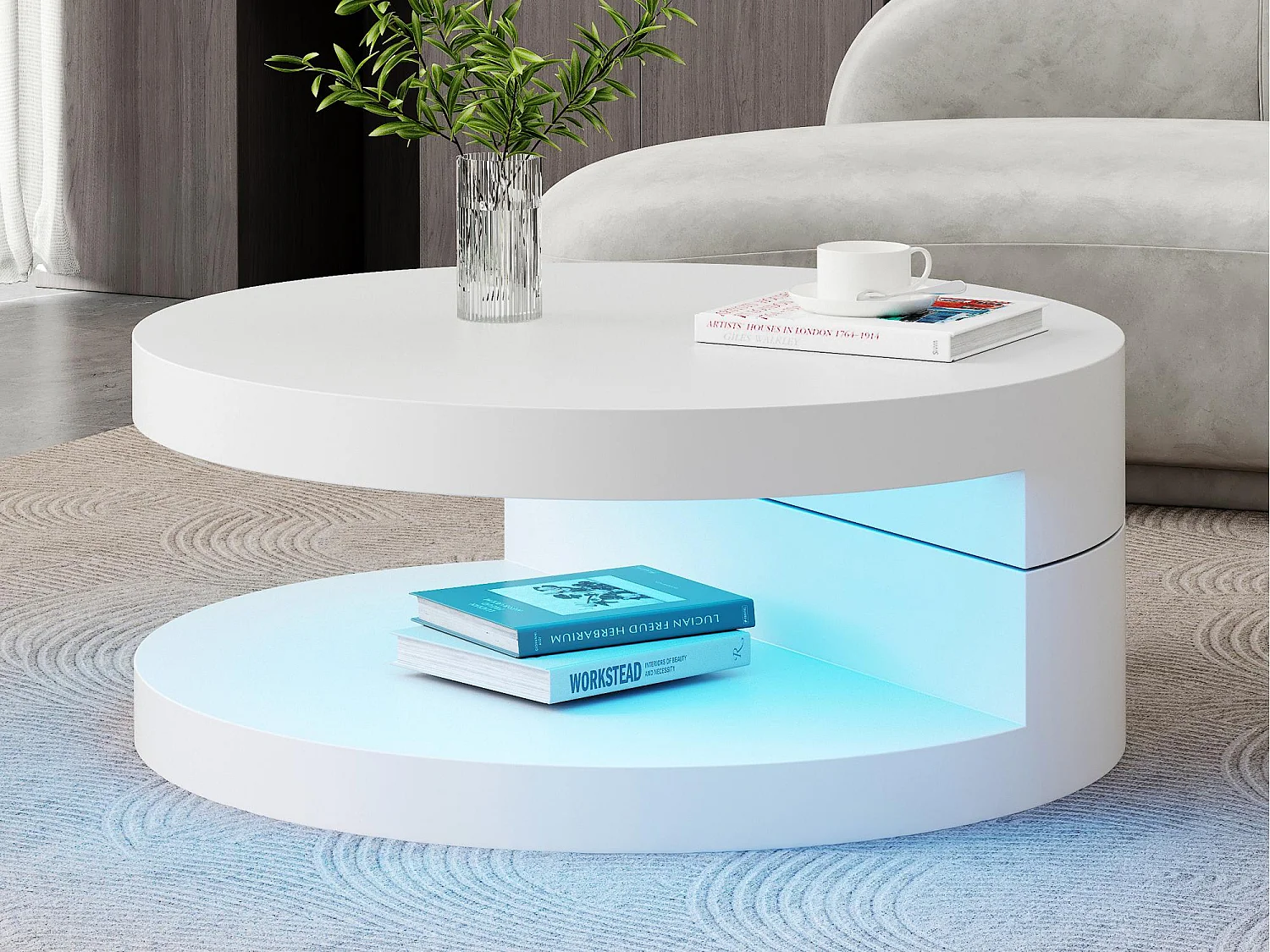 Draaibare cilindrische salontafel 70×70×35,5 cm - 360° draaibaar blad - met LED-verlichting - wit