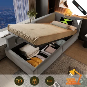Dagbed met opbergruimte, 90×190 cm, beige linnen stof, met leeslamp en USB-C oplader, 4 opberglades (203x98x70 cm) Dagbed met opbergruimte, 90×190 cm, beige linnen stof, met leeslamp en USB-C oplader, 4 opberglades (203x98x70 cm)