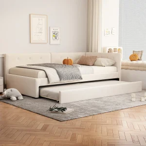 Dagbed 90x200cm met uitschuifbaar bed, slaapbank, eenpersoonsbed (zonder matras), minimalistisch design, beige (210x97x71 cm) Dagbed 90x200cm met uitschuifbaar bed, slaapbank, eenpersoonsbed (zonder matras), minimalistisch design, beige (210x97x71 cm)