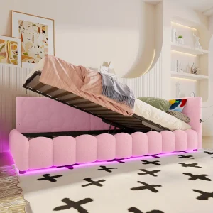 Daybed 90×200 cm, slaapbank met hydraulische opbergruimte, LED-verlichting, USB en Type-C, fluweel, roze (213,5x102x73 cm)