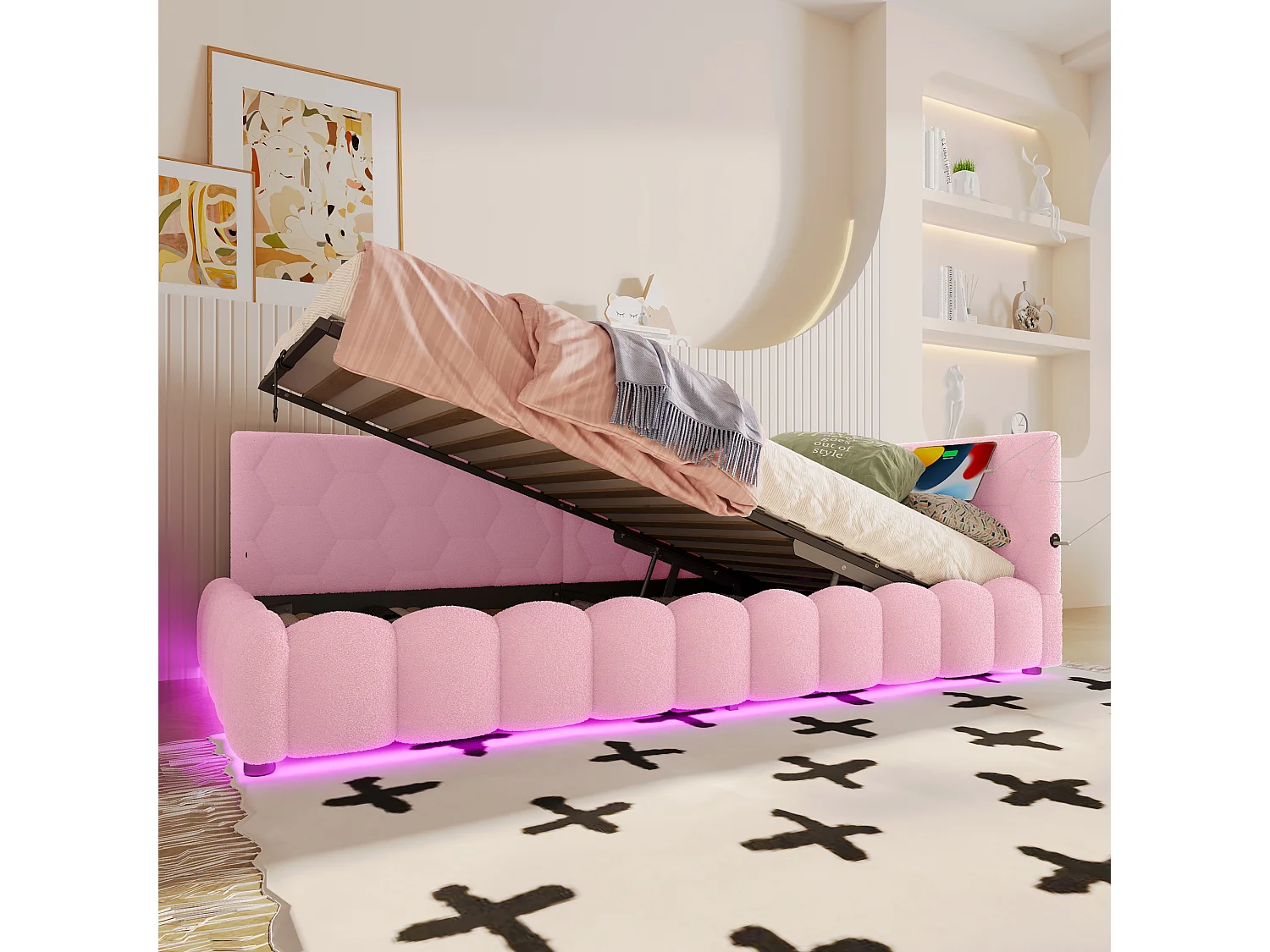 Daybed 90x200 cm, slaapbank met hydraulische opbergruimte, LED-verlichting, USB en Type-C, fluweel, roze (213,5x102x73 cm)