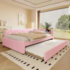 Daybed 140×200 cm, slaapbank met fluwelen structuur, met bedlamp, multifunctioneel opklapbed, USB- en Type-C-poorten, roze (208x145x66,5 cm)