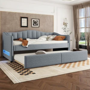 Dagbed, 90x200cm, Bed met uitschuifbaar bed, slaapbank, eenpersoonsbed (zonder matras), Helder design, Linnen, minimalistische stijl, Grijs (212x99x85 cm) Dagbed, 90x200cm, Bed met uitschuifbaar bed, slaapbank, eenpersoonsbed (zonder matras), Helder design, Linnen, minimalistische stijl, Grijs (212x99x85 cm)