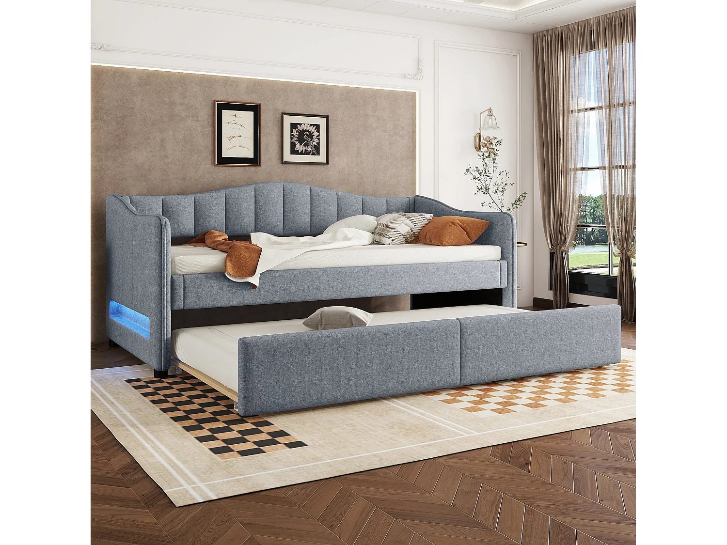 Dagbed, 90x200cm, Bed met uitschuifbaar bed, slaapbank, eenpersoonsbed (zonder matras), Helder design, Linnen, minimalistische stijl, Grijs (212x99x85 cm)