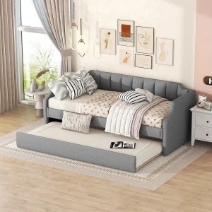 Dagbed 90×200 cm met rolbed, in linnen, grijs, functioneel en praktisch (213x97x81 cm) Dagbed 90×200 cm met rolbed, in linnen, grijs, functioneel en praktisch (213x97x81 cm)